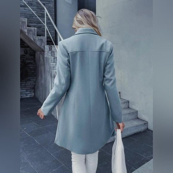 Elegant Blue Double Breasted Lapel Collar Button Up Pocketed Overcoat - Picture 2 of 9